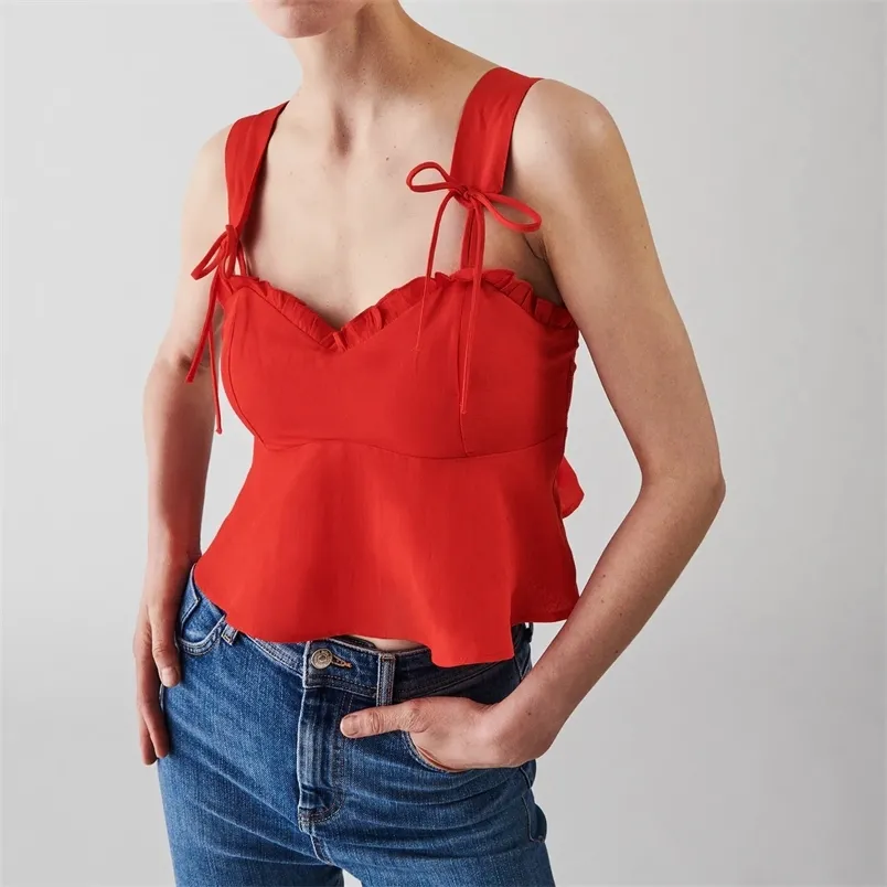 Top Woman Summer Red Bow Strappy Crop Women Fashion Adjustable Straps Ruffle Sleeveless Corset Tanks Camis 210519