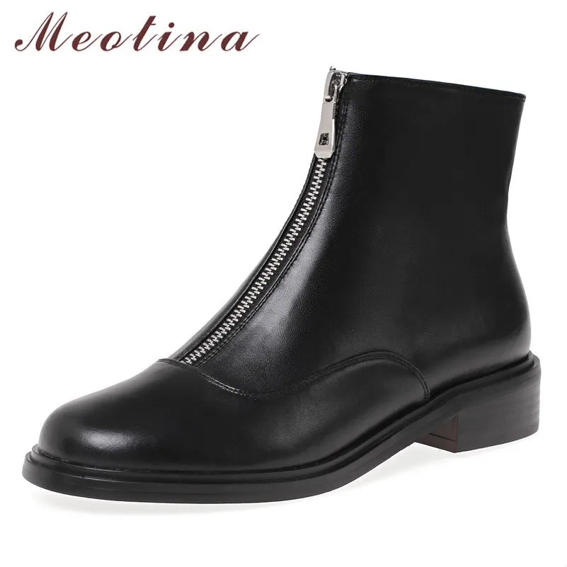 Autumn Ankle Boots Women Natural Genuine Leather Thick Heels Short Zipper Round Toe Shoes Female Black Size 34-39 210517