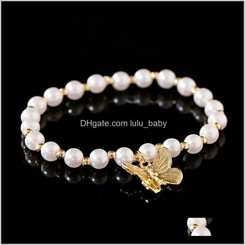 Fashion Girl Elastic Bracelet Pearl Beaded Bracelet Golden Color Butterfly Shape Pendant Decoration 2020 European Jewelry