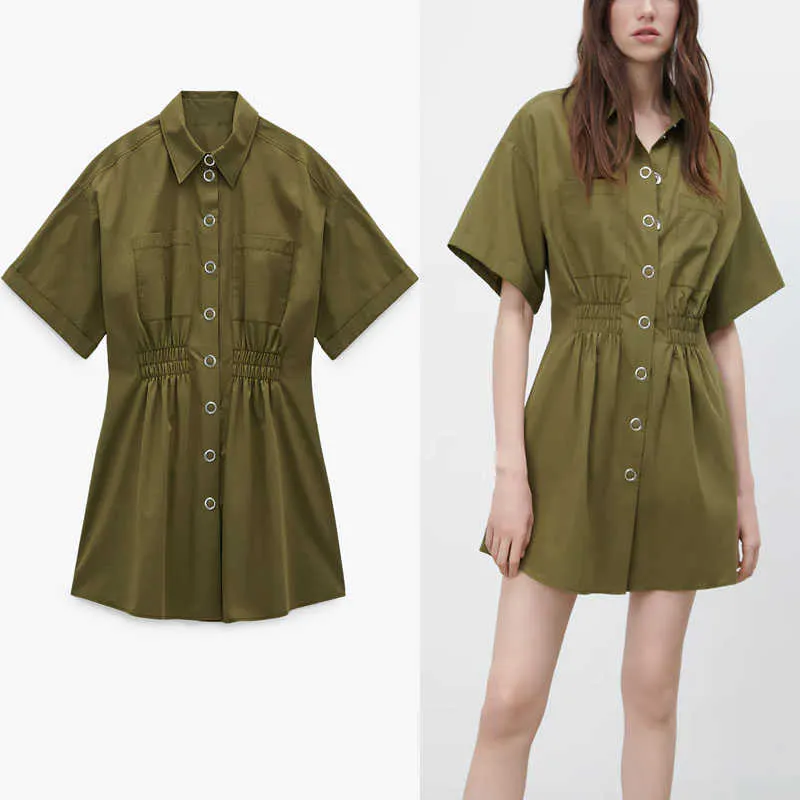 ZA Green Summer Shirt Dress Women Short Sleeve Elastic Waist Pleated Cotton Dresses Woman Snap Button Up Mini Vestidos 210602