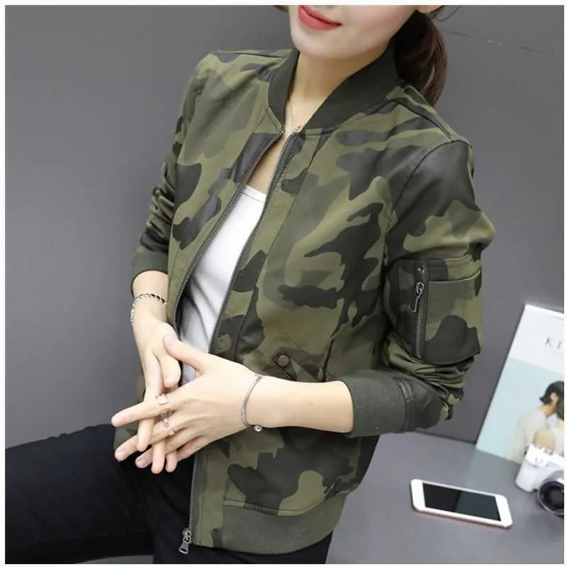 Militär Bomber Baseball Jacka Kvinnor Vår Höst Chaqueta Mujer Camouflage PU Vattentät Slim Print Coat Femme Kläder 210625