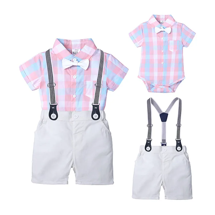 Crianças formais roupas meninos roupas de verão da criança menino conjuntos algodão manga curta xadrez topos + bib shorts crianças roupas