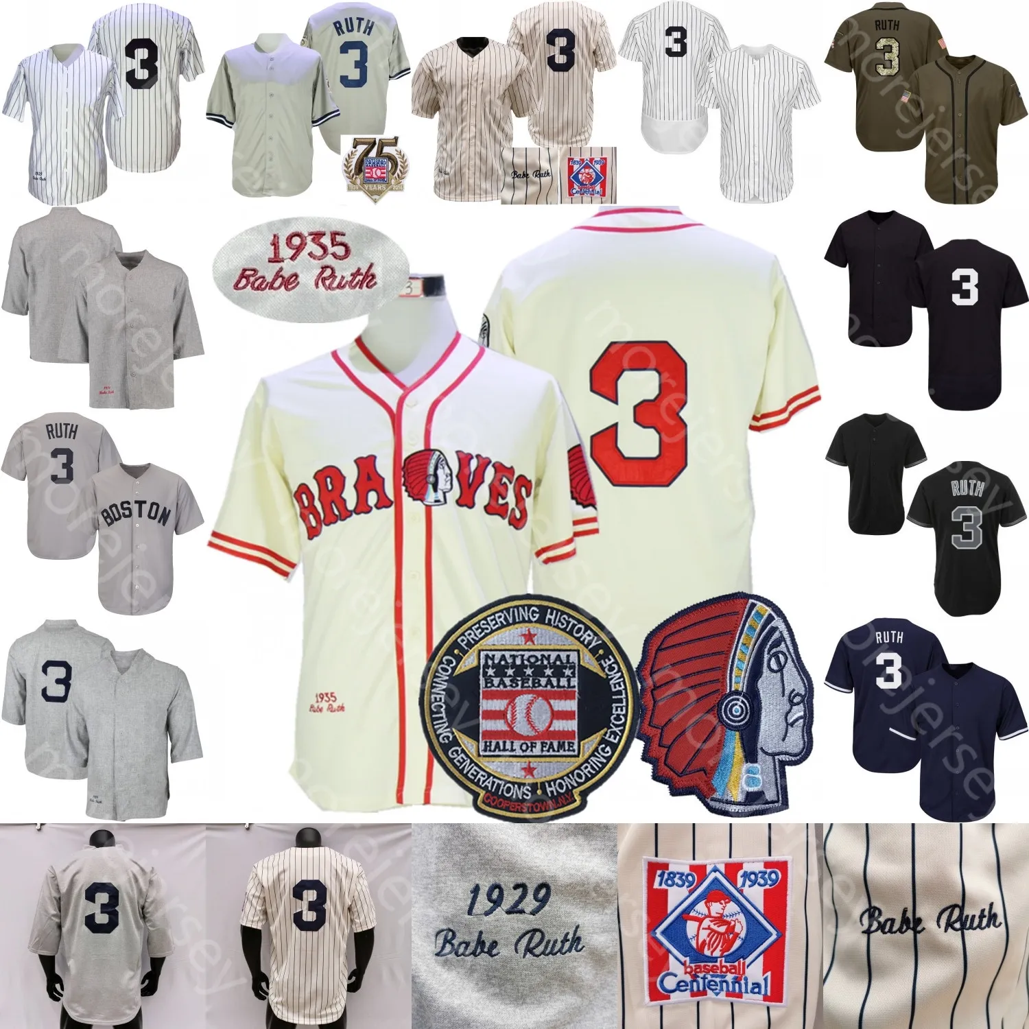 Babe Ruth Jersey Hall of Fame Patch 1914 1929 Grey 1935 Cream Pinstripe Cooperstown Navy Player Fans II Salute to Service Czarny rozmiar S-3XL