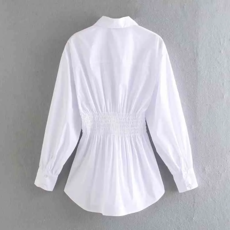 White Elastic Waist Office cut blouse for Women Long Sleeve Casual Top with Loose Fit S8710 210430