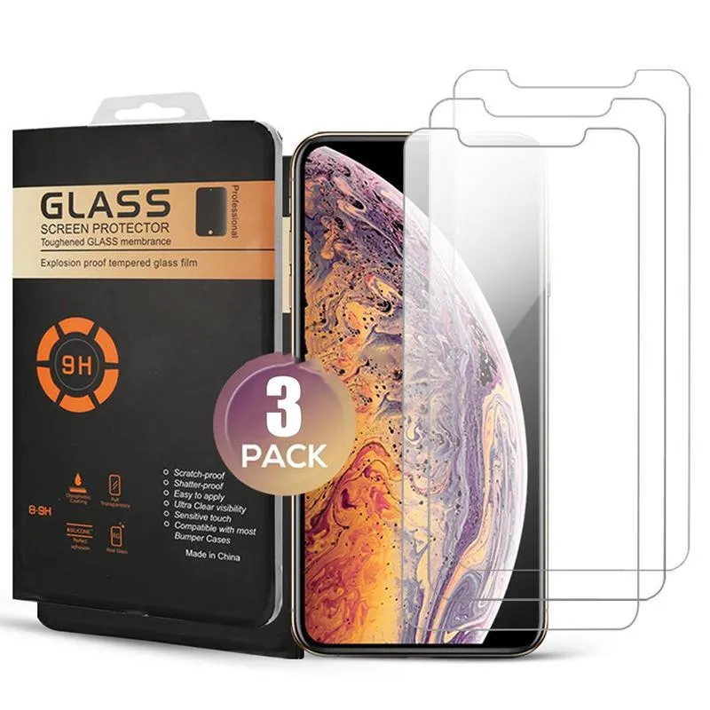 Per iPhone 12 11 Pro Max XR XSScreen Protector 3 Pack Pellicola protettiva in vetro temperato con scatola al minuto