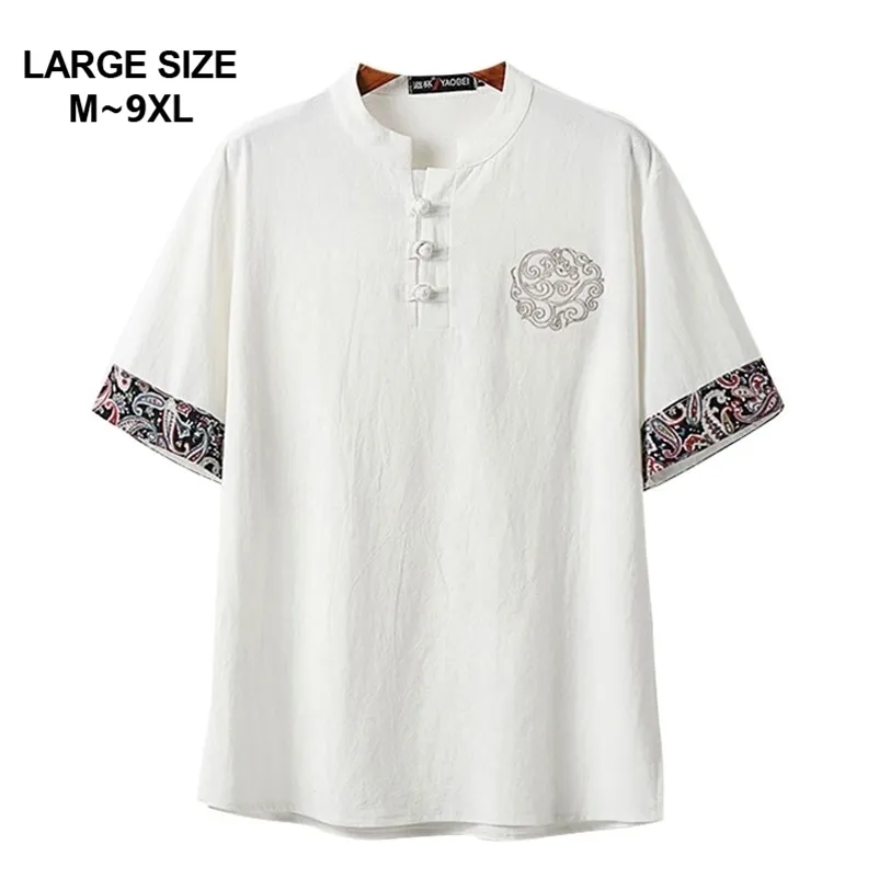 Chinesischer Stil Große Größe M-9XL Herren Sommer Casual Lose V-Ausschnitt Weiß Kurzarm T-Shirt Mann T-Shirts Tops 5XL 6XL 7XL 8XL 9XL 210409