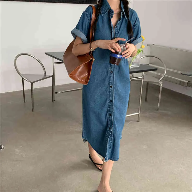 Summer Loose Denim Dresses Women Elastic Waist Casual Short Sleeve Blue Medium-Length 601G 210420