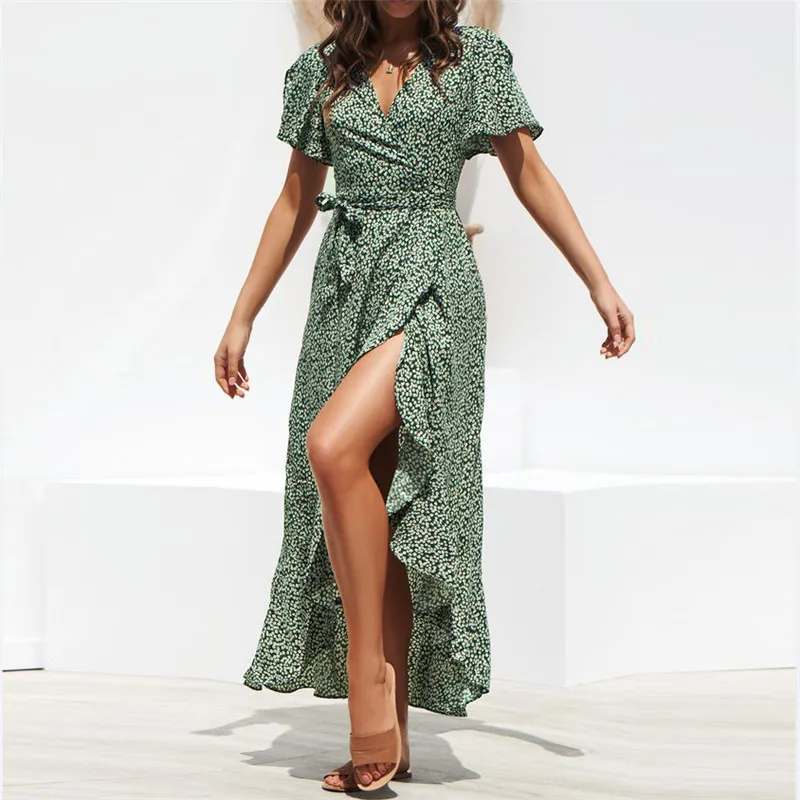 Robe maxi de plage d'été pour femmes 2021 manches courtes vert blanc floral boho décontracté sexy fête longues robes portefeuille en mousseline de soie