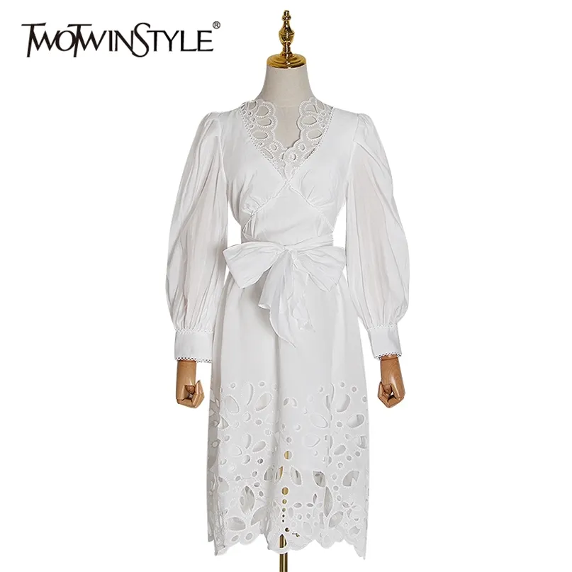 Bowknot Patchwork 중공 아웃 드레스 여성용 긴 소매 높은 허리 레이스 위로 드레스 여성 봄 패션 210520
