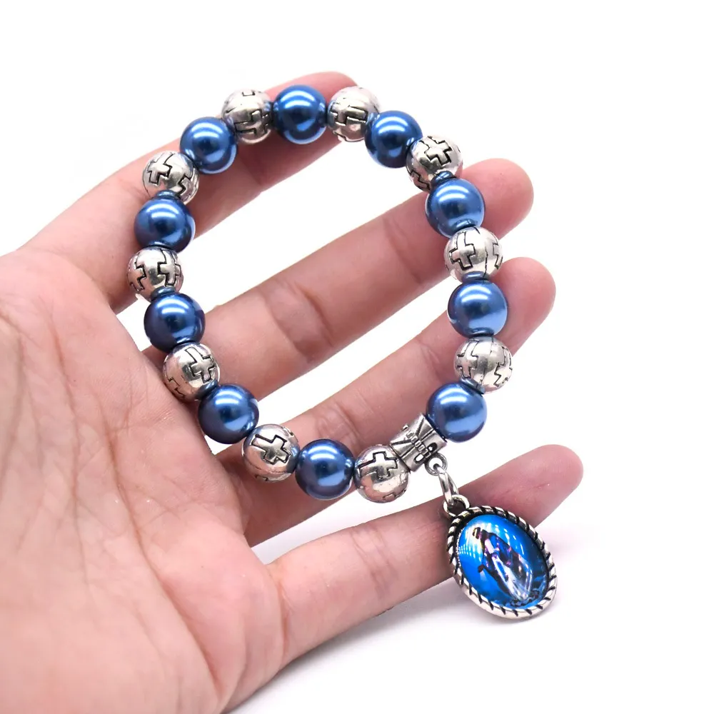 Jewelry Beaded BraceletsnSapphirine Bleu Perle Rosaire Bracelet Croix Maria Charmes Catholicisme Cadeau de prire religieuse Perles Rosaires