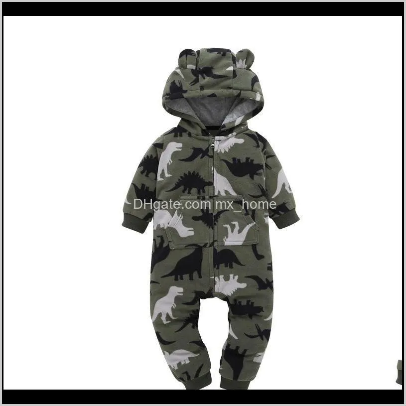 baby winter hooded rompers newborn boy girl clothes jumpsuits dinosaur plaid camouflage dots striped halloween christmas 3-24m