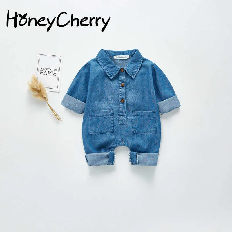 Dziecko Romper Baby's Długi rękaw Denim Romper dla chłopców i dziewcząt urodzonych ubrania dla dzieci 210701