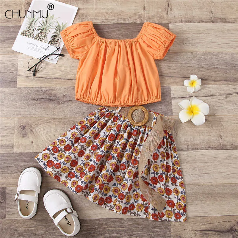 Summer Toddler Baby Girls Set Kids Close Solid Color One-Ramię Top + Pasted Flower Spódnica 2szt Casual Outfit Girls Sets X0902