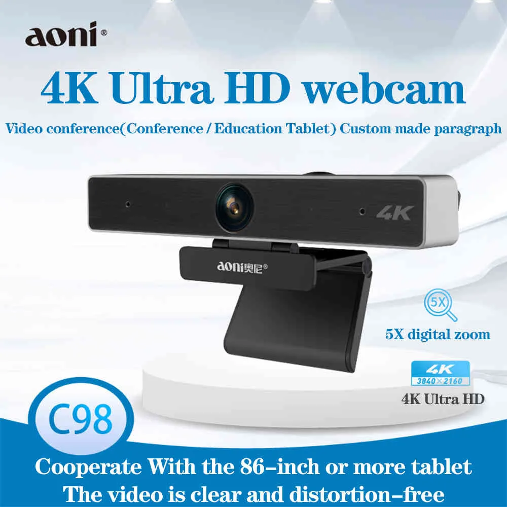 Webcam Aoni C98 HD 4K autofocus Videoconferenza in streaming Registrazione con microfono, computer con fotocamera web con zoom digitale 5X