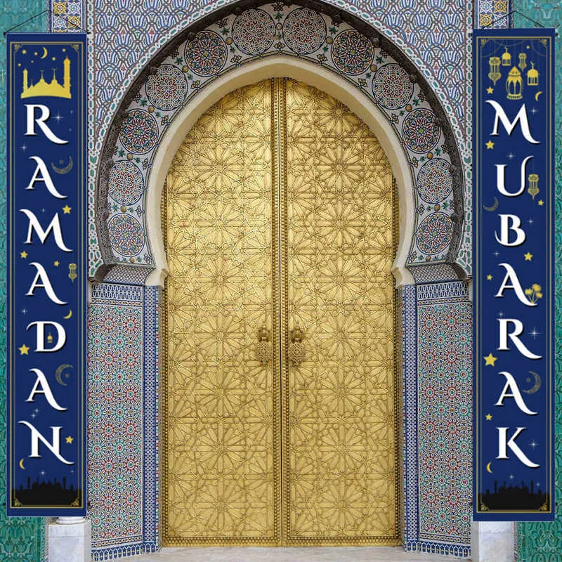 Ramadan Mubarak tenda per porta banner per Eid Mubarak decorazioni per la casa appesa bandiera Ramadan Kareem musulmano islamico Hajj Mubarak Eid regali 210610