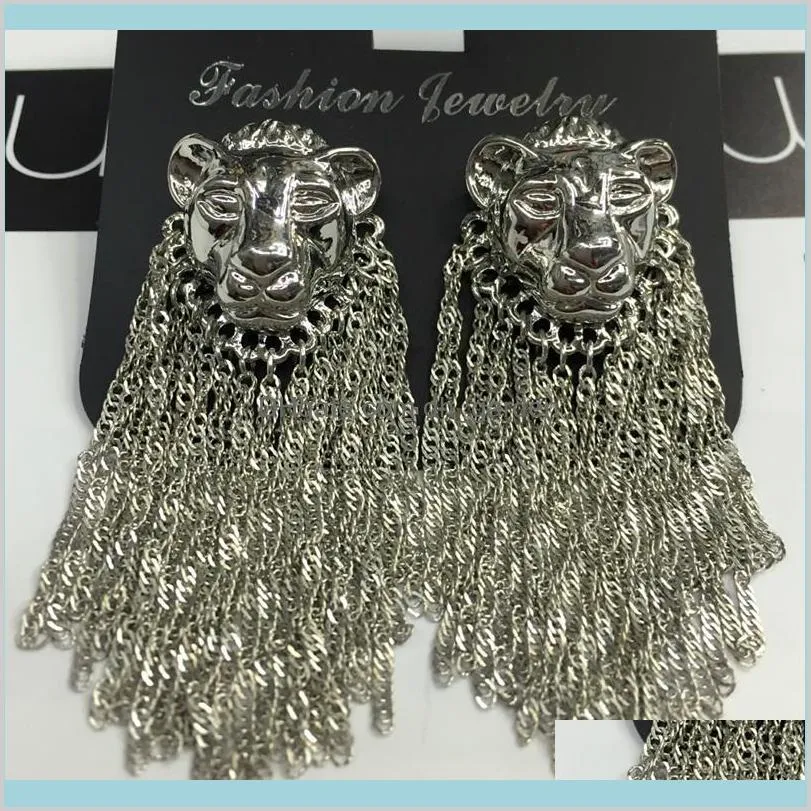 fashion exaggerated lion head metal chain tassel dangle earrings punk hip hop long fringe earring jewelry