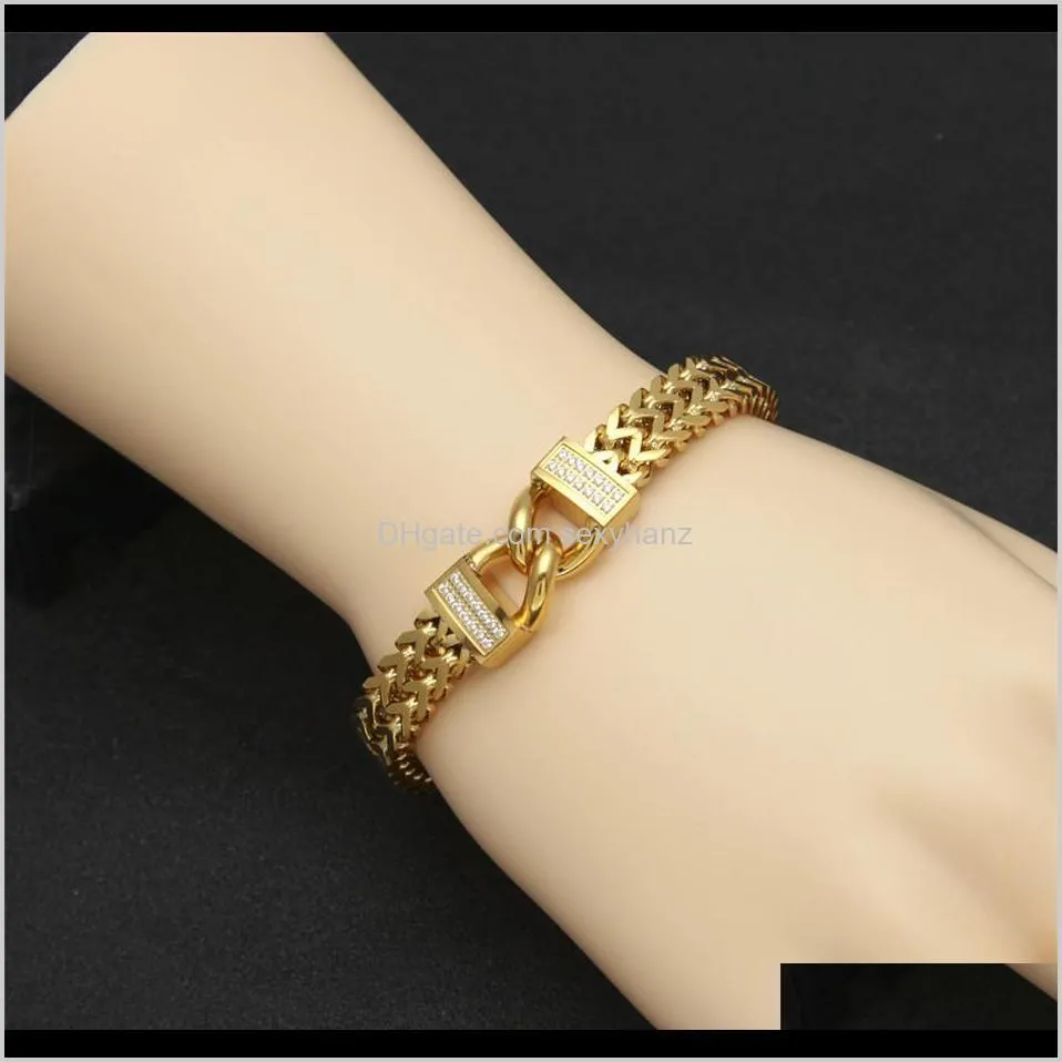 12mm men gold stainless steel chain link bracelet hip hop style inlay zircon wristband bangle fashion punk jewelry 20cm