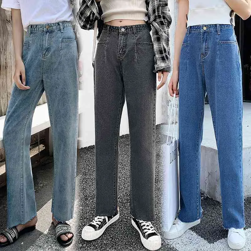 Wide Leg Pants Autumn Spring Korean 3 Color Trousers Cotton straight tube loose broad-legged jeans Casual Women 165H3 210420