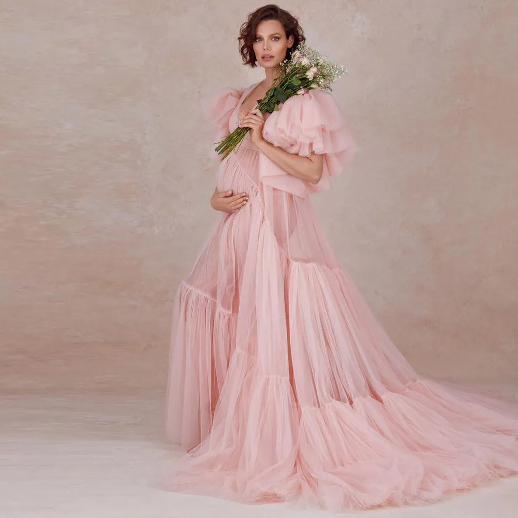 2021 Sexy Prom Jurken Bruidsjassen Lange Vloerlengte Sheer Vrouwen Jurk Fotoshoot Tule Maternity Dressing Towns voor fotografie