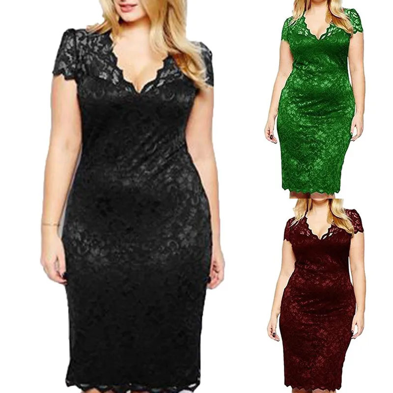 Summer Dress Women Solid Color Sexy Floral Lace Short Sleeve Midi Dresses For Female Party Bodycon Clothing