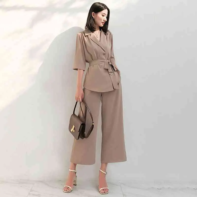 Stylish Designer Runway Pants Suit Set Office Ladies Chiffon Notched Belt Blazer High Waist Pant Solid Khaki Women Feminino 210608