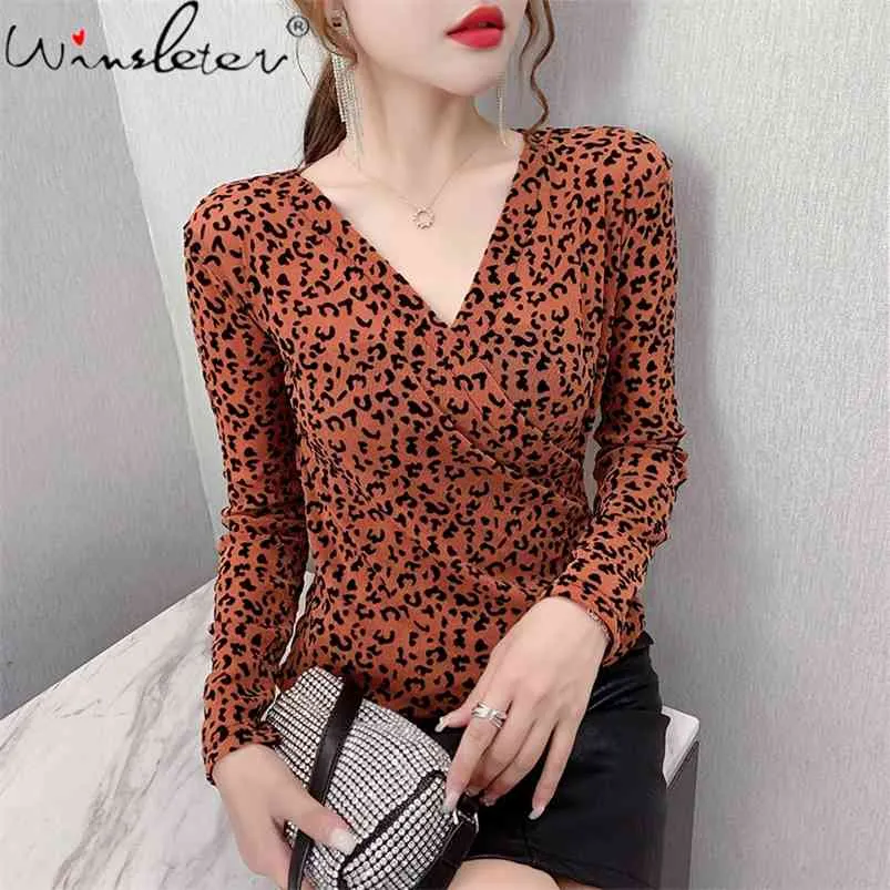 Spring Fall Korean Kläder T-tröja Tjej Sexig V-Neck Leopard Print Mesh Långärmad Kvinnor Toppar Skjorta Tees T11312a 210421