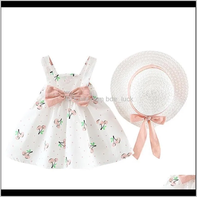 Toddler Dress For Girls Sleeveless Cherry Bow Princess Dresses Bow Hat Outfits 1st Birthday Dress Bebek Elbise Baby Girl Cothes