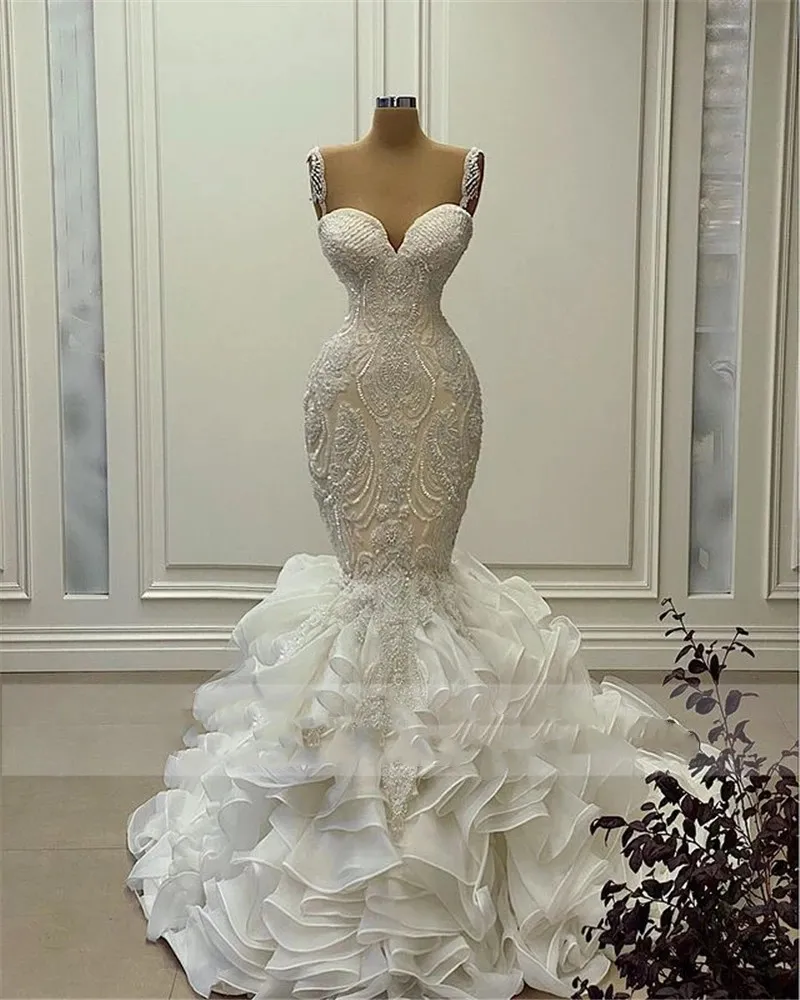 Luksusowe Suknie Ślubne Syrenki 2021 Koronkowa aplikacja Plaża Suknie ślubne Ruffles Custom Made Vestido de Noiva Bride Dress