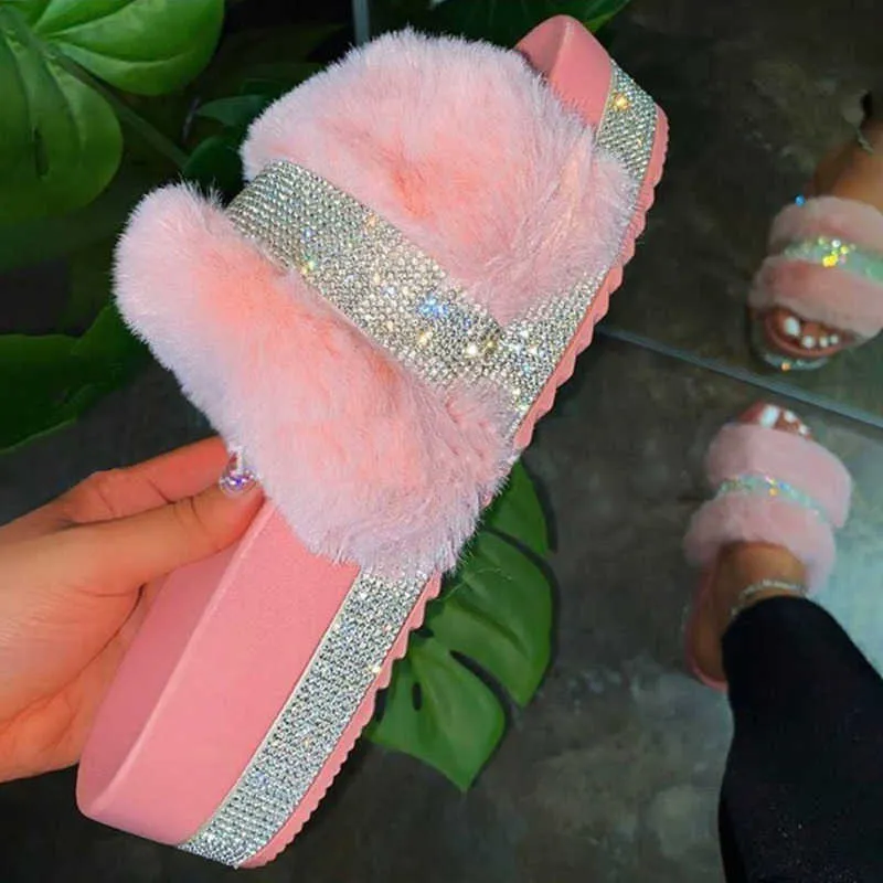 Pluche Slippers Dames Spons Cake Single-Layer Mid-Hak Rhinestone Waterdicht Platform Dik-Bodem Wol Dames Dia's Slippers Groot