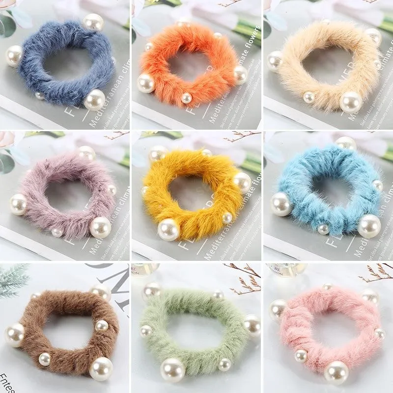 Scrunchie Stretch Plush Headband Scrunchies Women Girls Elastic Faux Fur Pearl Hair Bands Accessories Hairs Tie Ring Headdress