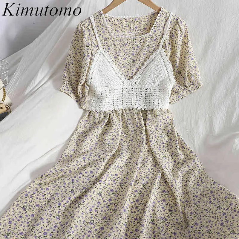 Kimutomo Frauen Anzug Sommer Kurzarm Spitze Quadrat Kragen Floral Chiffon Kleid + Aushöhlen V-ausschnitt Gestrickte Sling Zwei-stück Set 210521