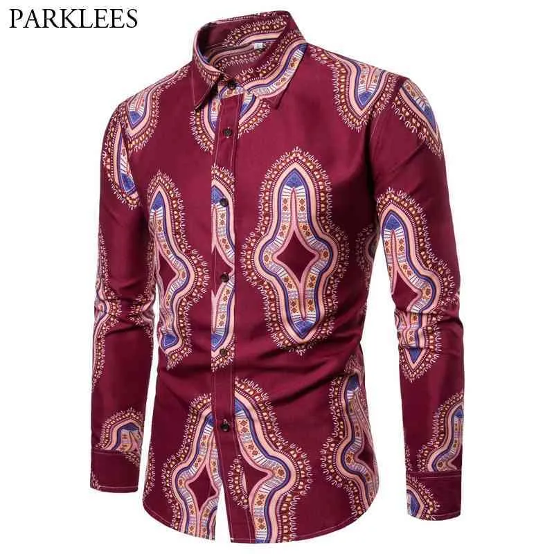 Wino Czerwony Afryki Koszula Mężczyźni Moda Afryki Dashiki Drukuj Mężczyzna Sukienka Koszule Slim Fit Długim Rękawem Koszula Męska Koszulka Homme 210524