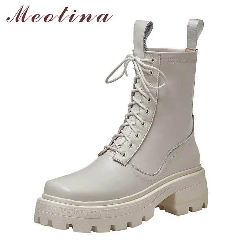 Meotina Short Boots Women Shoes Real Leather Platform Thick High Heel Motorcycle Boots Square Toe Lace Up Short Boots Lady Beige 210608