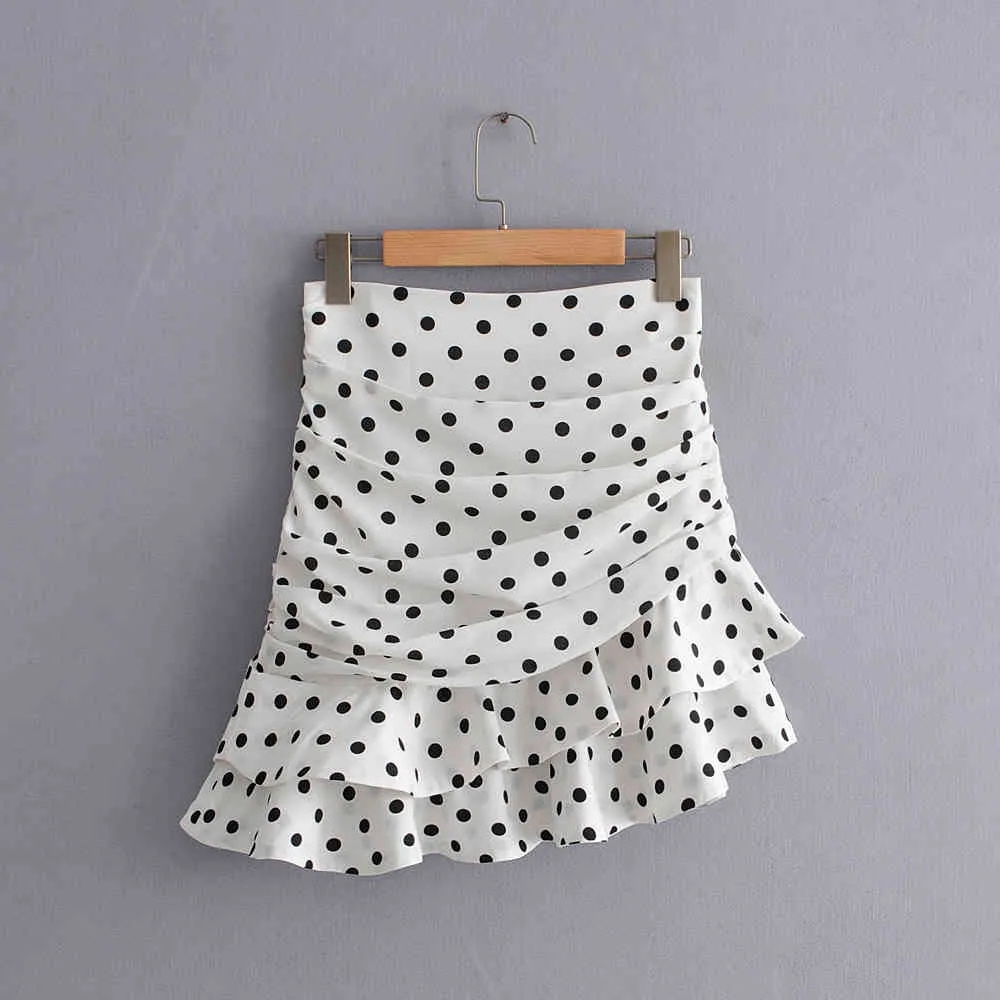 ミニスカート Ruffled polka-dot skirt Chic Polka Dot Ruched Mini Skirt With White Ruffle Detailing