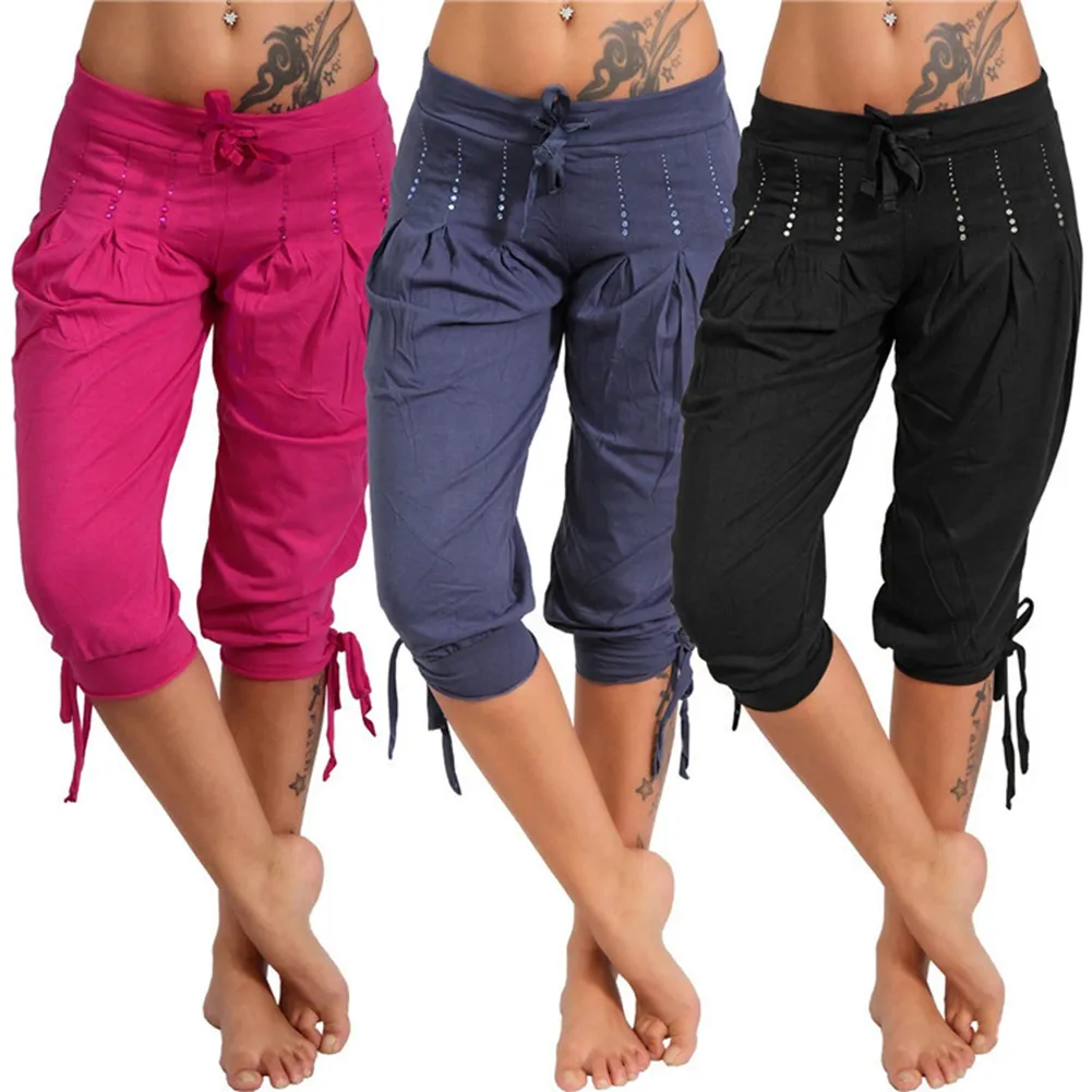 Pantalon décontracté grande taille pour femme avec cordon de serrage plissé à paillettes de couleur unie