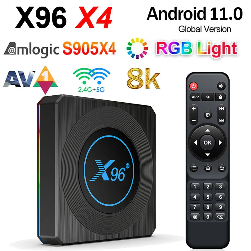 X96 X4 Android 11.0 TV, pudełko Amlogic S905X4 4GB 64GB 4GB32GB czterordzeniowy 2.4G/5G WIFI BT4.1 AV1 8K inteligentny odtwarzacz multimedialny film domowy 4G32G kolorowe światło RGB TVbox