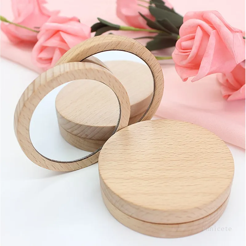 Wooden Small Round Mirror Outdoor Portable Mini Solid Color Makeup Mirrors Creative Party Women's Favorite Gifts T500570