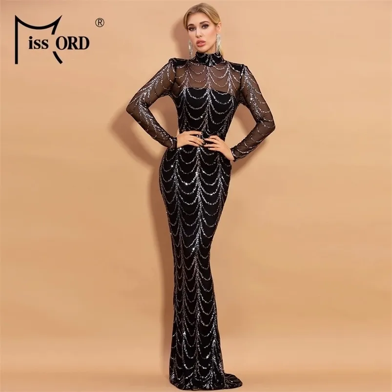 Medord Jesień Zima Wysokiej Neck Fala Cekiny See Mimo Women Maxi Sukienki Elegancki Długi Rękaw Party M0032 210623