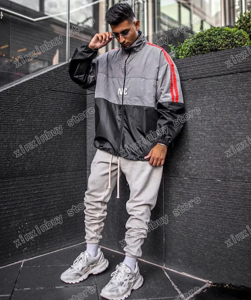 2024 Men s Oversized Letter Print Windbreaker Jacket Grey Polyester Streetwear Long Sleeve Hooded Coat M 2XL