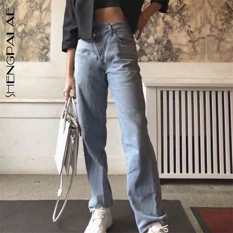 Jeans décontractés femme Streetwear taille haute pantalon en Denim droit ample et pantalon irrégulier bas ZA2856 210427