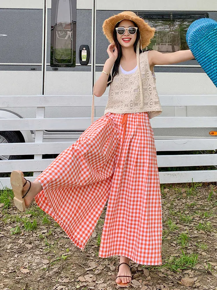 BPP Womens Summer Plaid Wide Leg Culottes Half Length Umbrella
