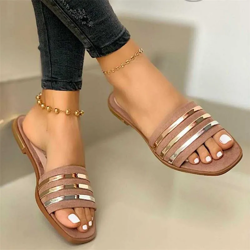 Kadın Slaytlar Sandalet Terlik Yaz Şerit Düz Sandalet Bant Terlik Açık Toe Slayt Bayanlar Moda Plaj Kaymaz Ayakkabı Büyük Boy EU35-42 GR004 01