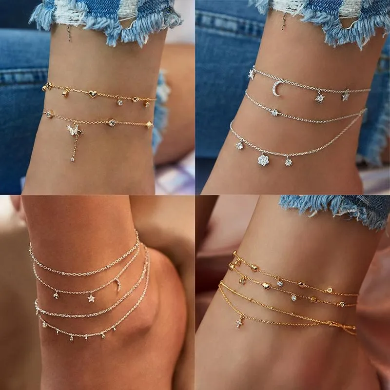 Ankjes zomer boho vlinder enkeldlet voor vrouwen goud meerlagige kristallen enkel enkelband voetketen been strand accessoires sieraden sieraden