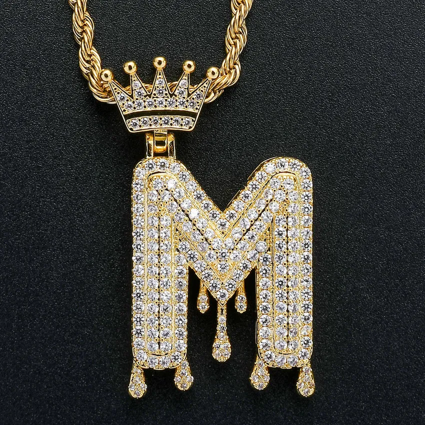 26 Goccia d'acqua Collana con corona iniziale inglese Gioielli bling Se Cubic Zirconia Lettera in oro 18k Ciondolo con diamanti Collane Hip Hop per donna Uomo Catena in acciaio inossidabile