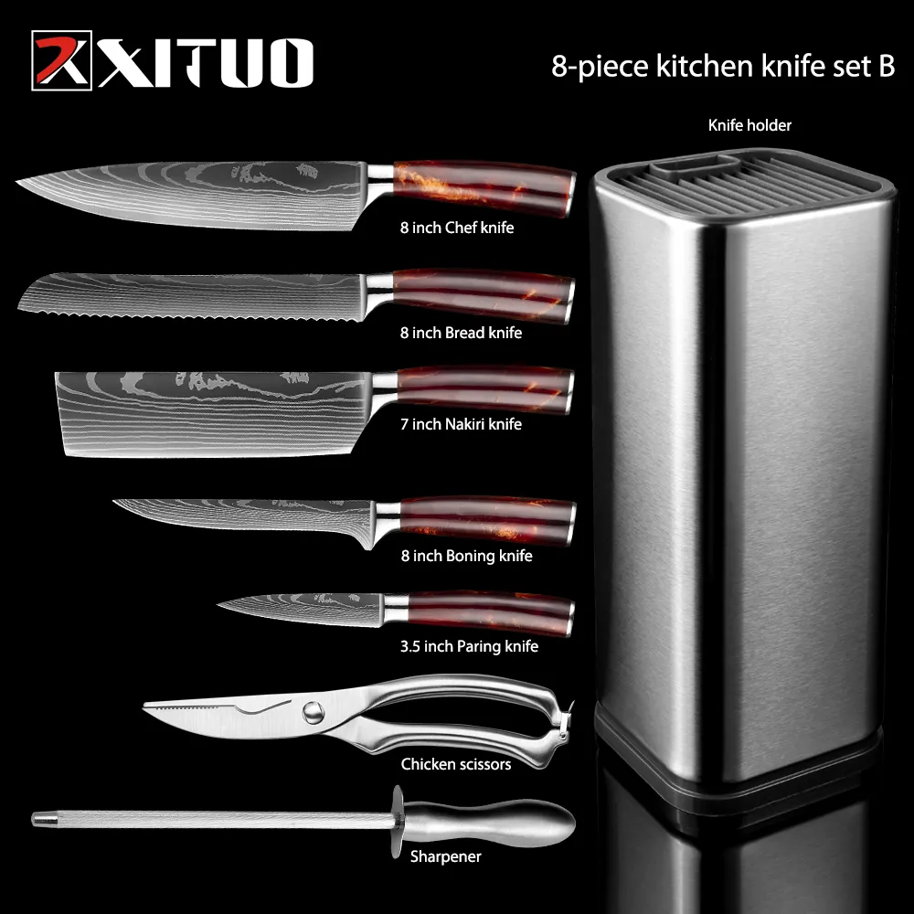 Xituo Kitchen 나이프 세트 6-8pcs 세트 빨간 수지 손잡이 레이저 다마스커스 패턴 셰프 나이프 빵 빵 keaver 나이프 최고의 선물