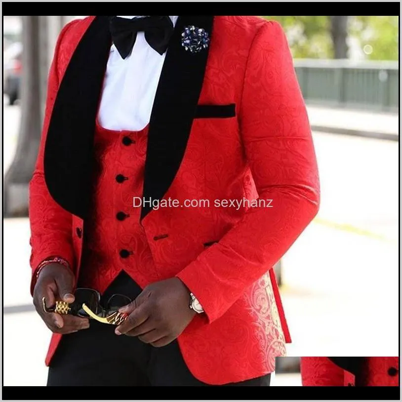 new brand new groomsmen shawl lapel groom tuxedos red/white/black men suits wedding best man blazer (jacket+pants+vest+bowtie )