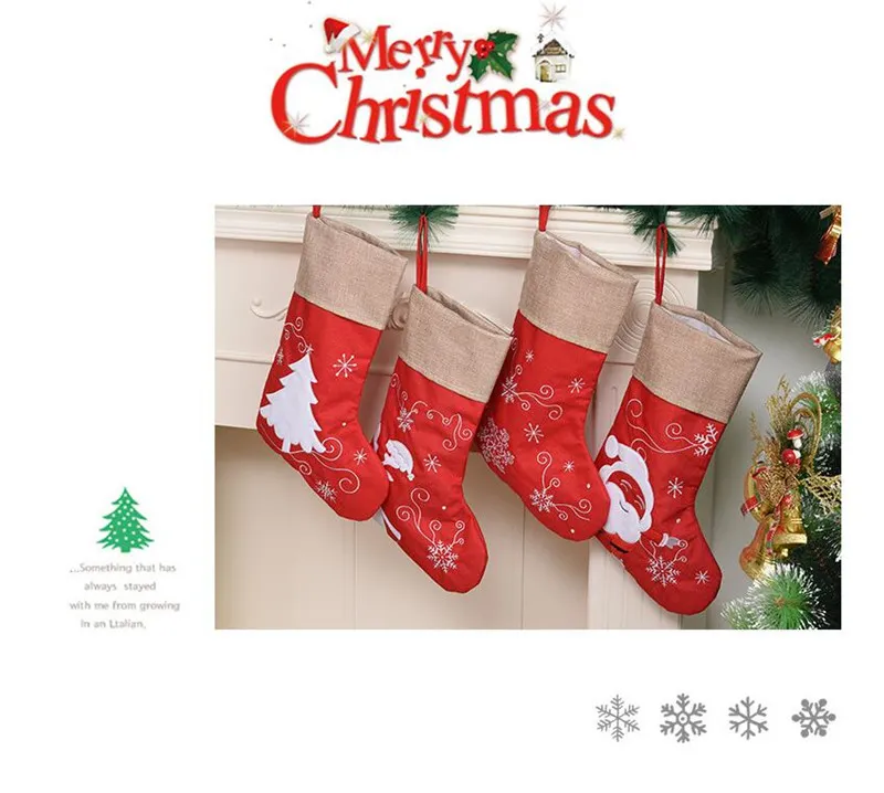 Cartoon Santa Claus Sock Linne Julstrumpor Xmas Tree Ornaments Kid Candy Bag Festival Party Presentdekoration för familj