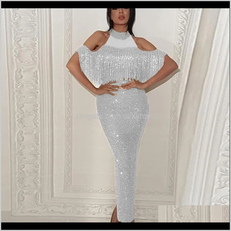 hot dress woman party night stitching mesh gauze split hip dress fringing temperament elegant hanging neck strapless yl35