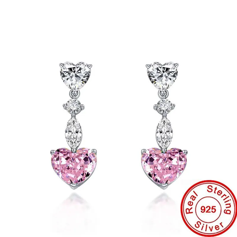 Orecchini con diamanti rosa cuore 100% vero argento sterling 925 Orecchini pendenti con pendenti da sposa per le donne Gioielli da fidanzamento da sposa