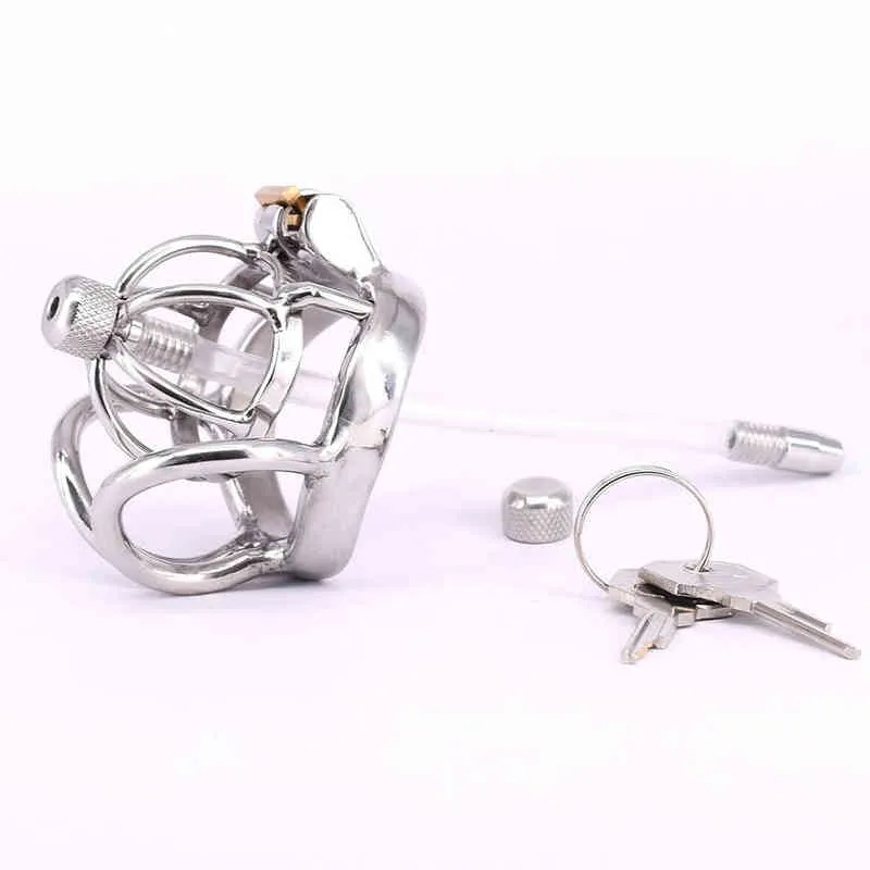 NXY Cockrings Stainless Steel Male Chastity Cage Small Metal Cockring Curved Testicle Restraints Gear Devices with Urethral Tube Plug 0214